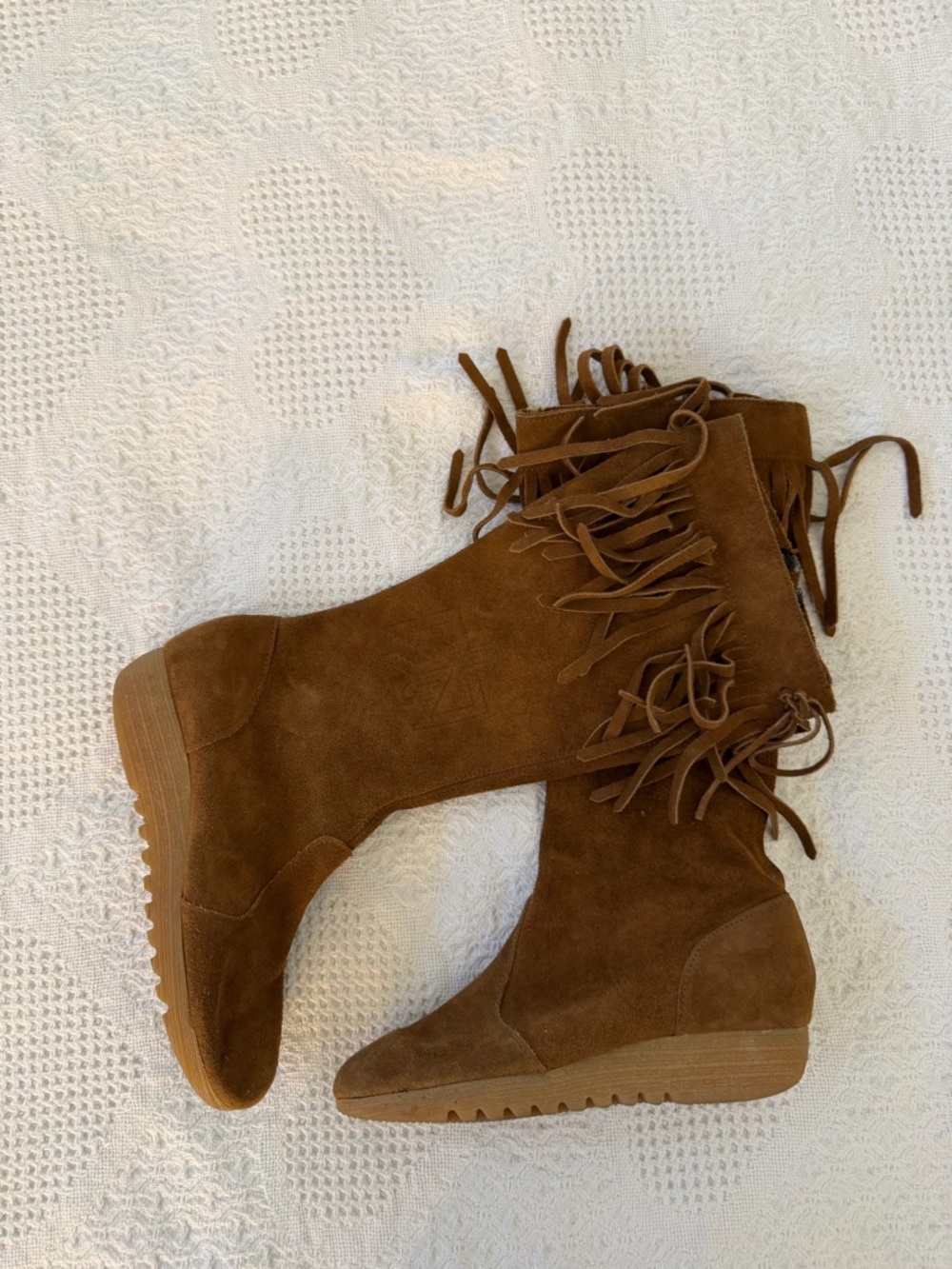 Source Unknown Brown Suede Fringe Lace-Up Wedge Boots